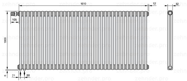 Схема (чертеж) Радиатор Zehnder Charleston 2180/35 №V001 Белый глянцевый RAL 9016